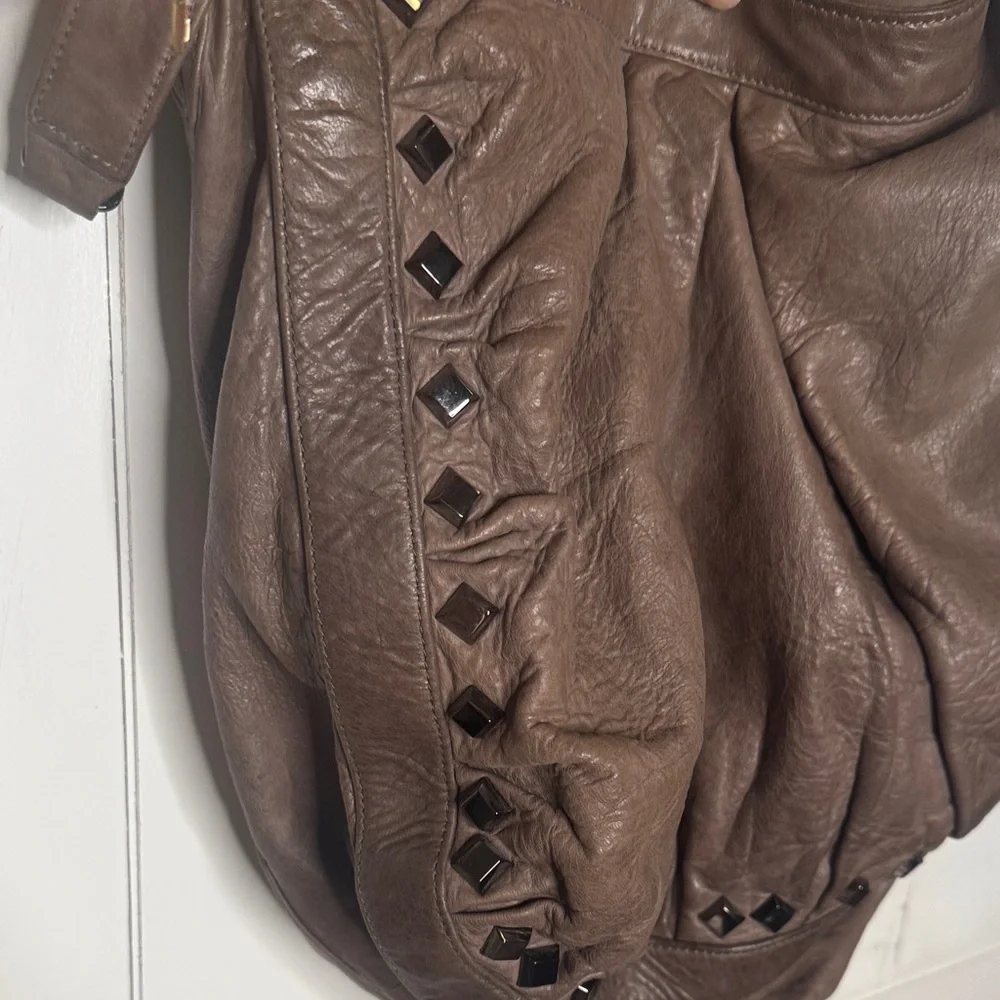 Treesje Dark Greige Leather Hobo Bag Stud Accents